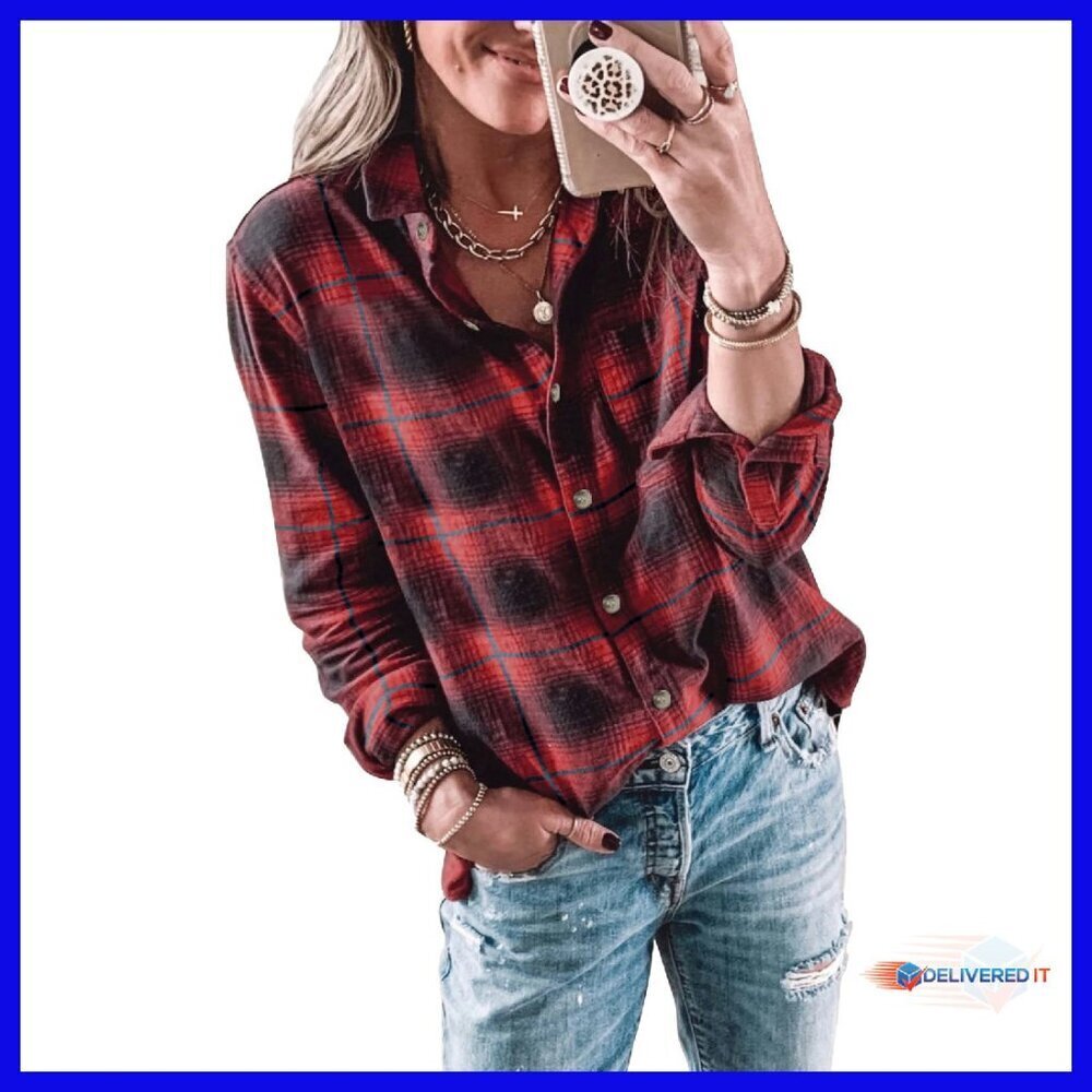 Long Sleeve Plaid Flannel Button Down Shirt Women's Casual Blouse